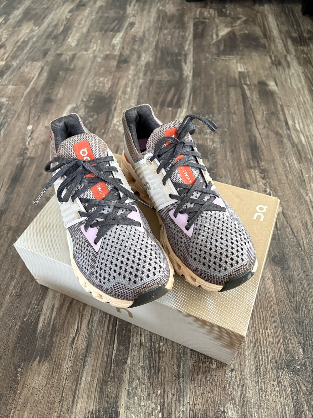 On Running Women’s Athletic Shoes — Gray with Beige and Pink Accents